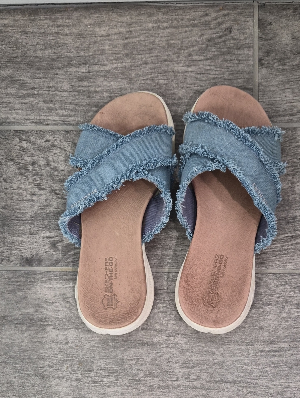 Skechers Blue Denim Frayed Slide Sandals for Women
